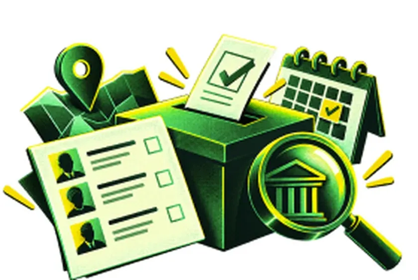 Ballot box with candidate list, calendar and magnifying glass